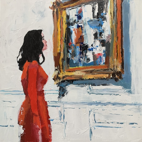 Woman in a Museum. Red dress.