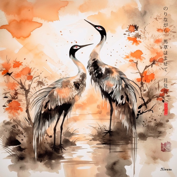 Japanese cranes RJ0050 Landscape Sunrise Watercolor
