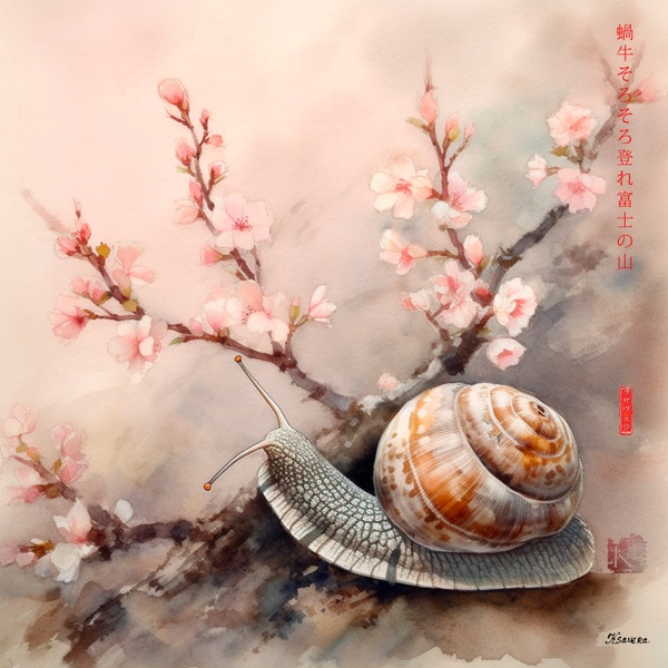 Japanese Snail RJ0082 Sakura Landscape Fog Mount Fuji Watercolor