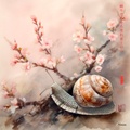 Japanese Snail RJ0082 Sakura Landscape Fog Mount Fuji Watercolor