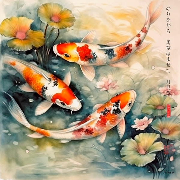 Japanese Koi Fishes RJ0065 Lotus Pond Autumn Landscape Sunset Watercolor