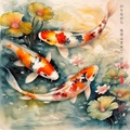 Japanese Koi Fishes RJ0065 Lotus Pond Autumn Landscape Sunset Watercolor