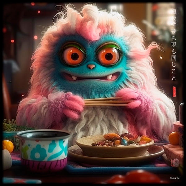 Fluffy Monster Eating Sushi RJ0020