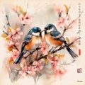 Japanese Love Birds RJ0069 Sakura Brunch Spring Landscape Sunrise Watercolor