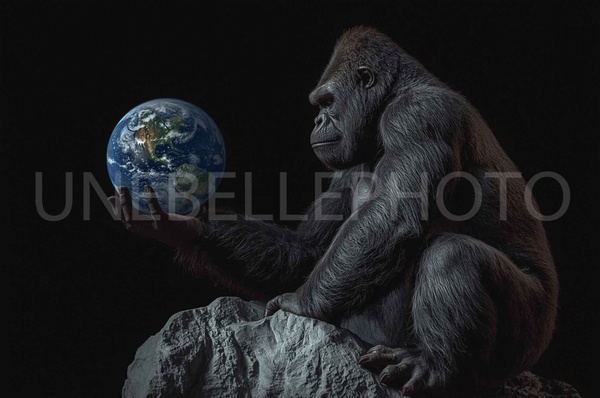 Contemporary Home Design, Silverback Portrait, Dark Aesthetic, Planet Earth Art, Minimalist Interior, Wildlife Guardian, World Map Globe, Sophisticated Art Print