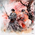 Japanese Martial Arts RJ0081 Samurai Geisha Landscape Watercolor