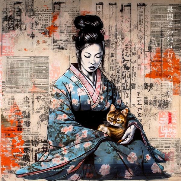 Japanese Maiko holding cat RJ0045 Geiko Geisha Portrait Typography
