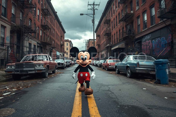 Mickey in the City, Urban Exploration, Cinematic Wall Art, Gritty New York Style, Street Icon, Modern Mickey Mouse, Urban Interior Decor, Pop Art Photography