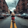 Mickey in the City, Urban Exploration, Cinematic Wall Art, Gritty New York Style, Street Icon, Modern Mickey Mouse, Urban Interior Decor, Pop Art Photography