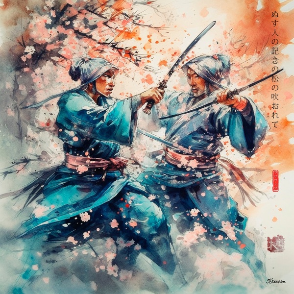 Japanese Martial Arts RJ0079 Samurai Geisha Landscape Watercolor