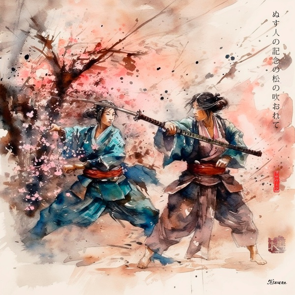 Japanese Martial Arts RJ0080 Samurai Geisha Landscape Watercolor