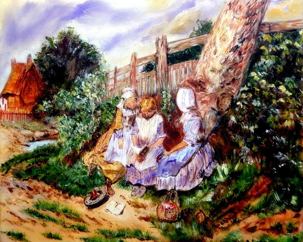 Three Girls Reading At The Garden