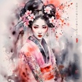 Japanese Maiko RJ0032 Girl Geisha Portrait Watercolor