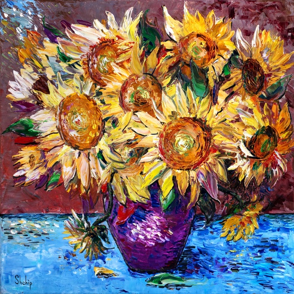 Sunflowers in a Purple Vase
