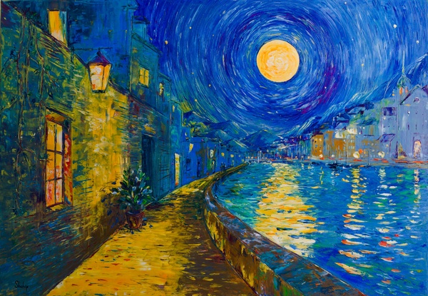 River in the Old Town on a Moonlit Night