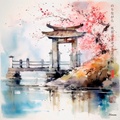 Japanese Shinto Shrine Gate Torii RJ0074 River Landscape Spring Rain Watercolor