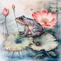 Japanese Frog RJ0061 Lotus Pond Autumn Landscape Sunset Watercolor