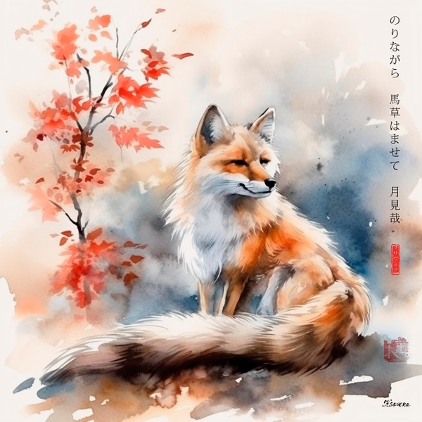 Japanese Fox RJ0054 Autumn Landscape Sunset Watercolor