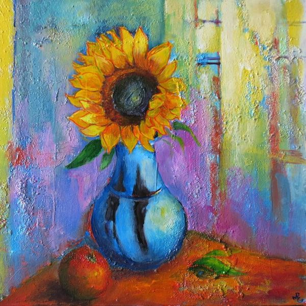 Sunflower in Blue Vase