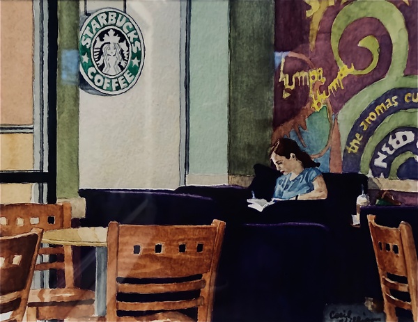 “Starbucks” water color 8 by 10 inches. Framed.  $100.00 .
