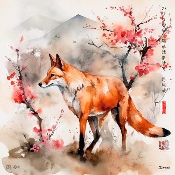 Japanese Fox RJ0055 Autumn Landscape Sunset Watercolor