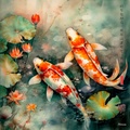 Japanese Koi Fishes RJ0066 Lotus Pond Autumn Landscape Sunset Watercolor