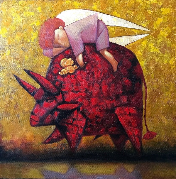 Dream. Angel and a bull. Modern art.
