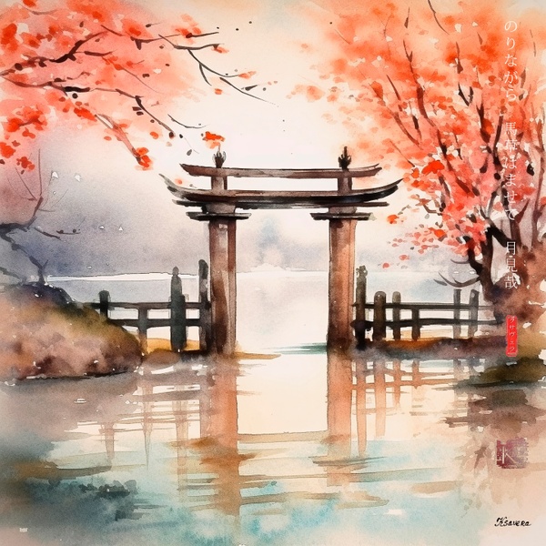 Japanese Shinto Shrine Gate Torii RJ0073 River Landscape Rain Autumn Watercolor