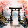 Japanese Shinto Shrine Gate Torii RJ0075 River Landscape Rain Watercolor