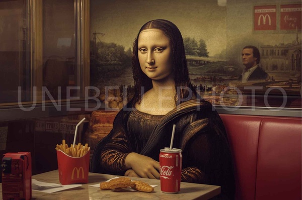 Mona Lisa Fast Food, Pop Art Parody, Modern Lifestyle, Funny Interior Decor, Renaissance Remix, Da Vinci Today, Trendy Wall Art, Contemporary Kitchen Decor