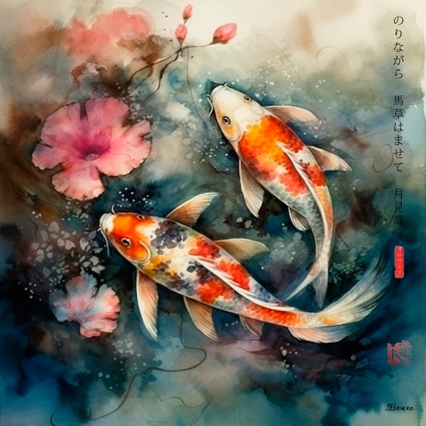 Japanese Koi Fishes RJ0064 Lotus Pond Autumn Landscape Sunset Watercolor