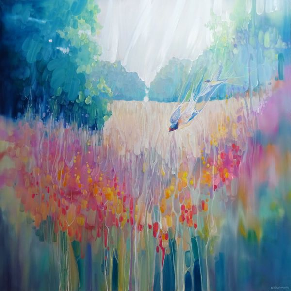 Summer Playground a large semi abstract oil on canvas of a summer meadow with wildflowers and swallows