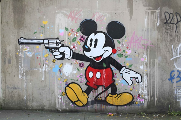 Street Art Mickey, Pop Culture Satire, Rebel Mouse, Urban Interior Decor, Modern Graffiti Wall Art, Cartoon Rebellion, Contemporary Home Decor, Colorful Street Style