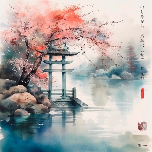 Japanese Shinto Shrine Gate Torii RJ0072 River Landscape Watercolor